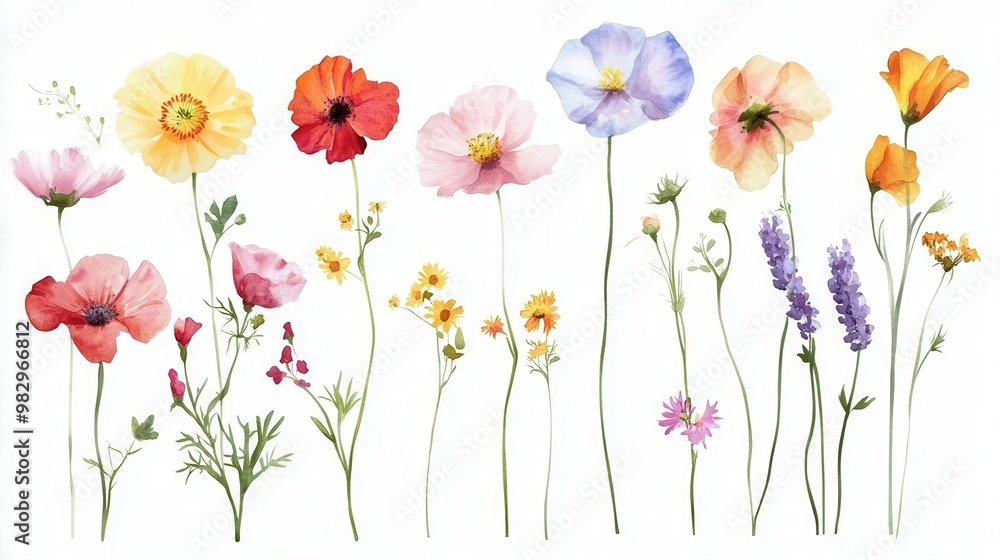 delicate collection of watercolor wildflowers with loose expressive brushstrokes vibrant petals and stems stand out against white background creating whimsical botanical illustration delicate collection of watercolor wildflowers with loose expressive brushstrokes vibrant petals and stems stand out against white background creating whimsical botanical illustration