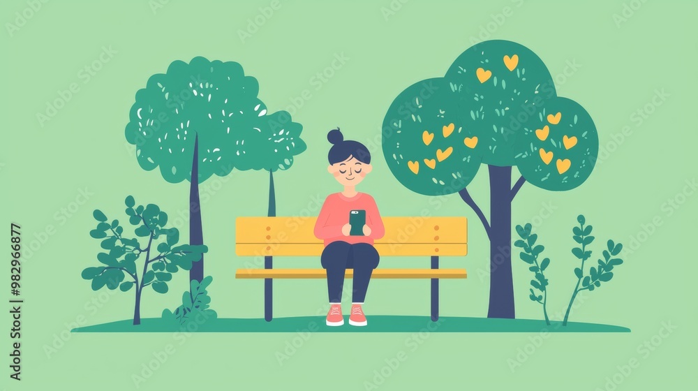 Young woman sits on a park bench, using her smartphone surrounded by trees, enjoying the outdoors while browsing online Young woman sits on a park bench, using her smartphone surrounded by trees, enjoying the outdoors while browsing online