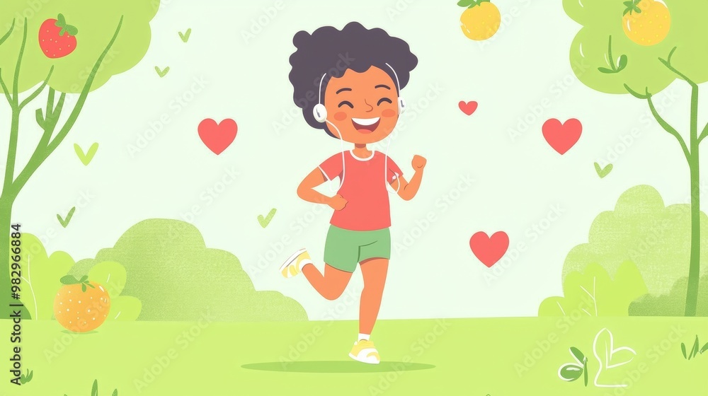 Young boy is joyfully running through a vibrant orchard, emphasizing the importance of physical activity and a balanced diet for children's well-being Young boy is joyfully running through a vibrant orchard, emphasizing the importance of physical activity and a balanced diet for children's well-being