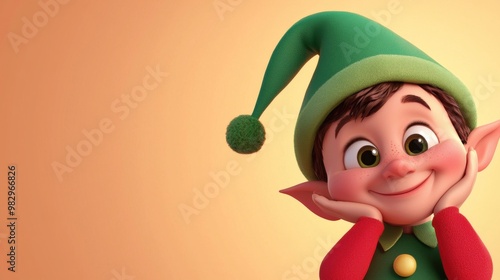 Young christmas elf happily smiles against a festive gold background, exuding joy and cheer perfect for winter celebrations