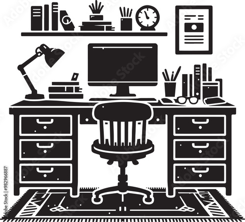 Computer and study desk room silhouette vector illustration isolated on a white background