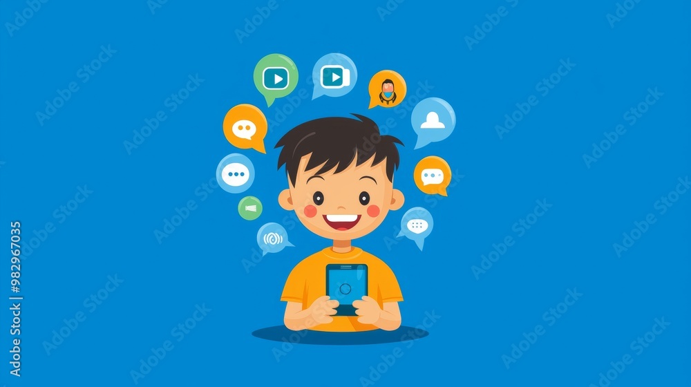 Happy boy uses a smartphone with social media icons in speech bubbles, connecting online with friends through apps and messages Happy boy uses a smartphone with social media icons in speech bubbles, connecting online with friends through apps and messages