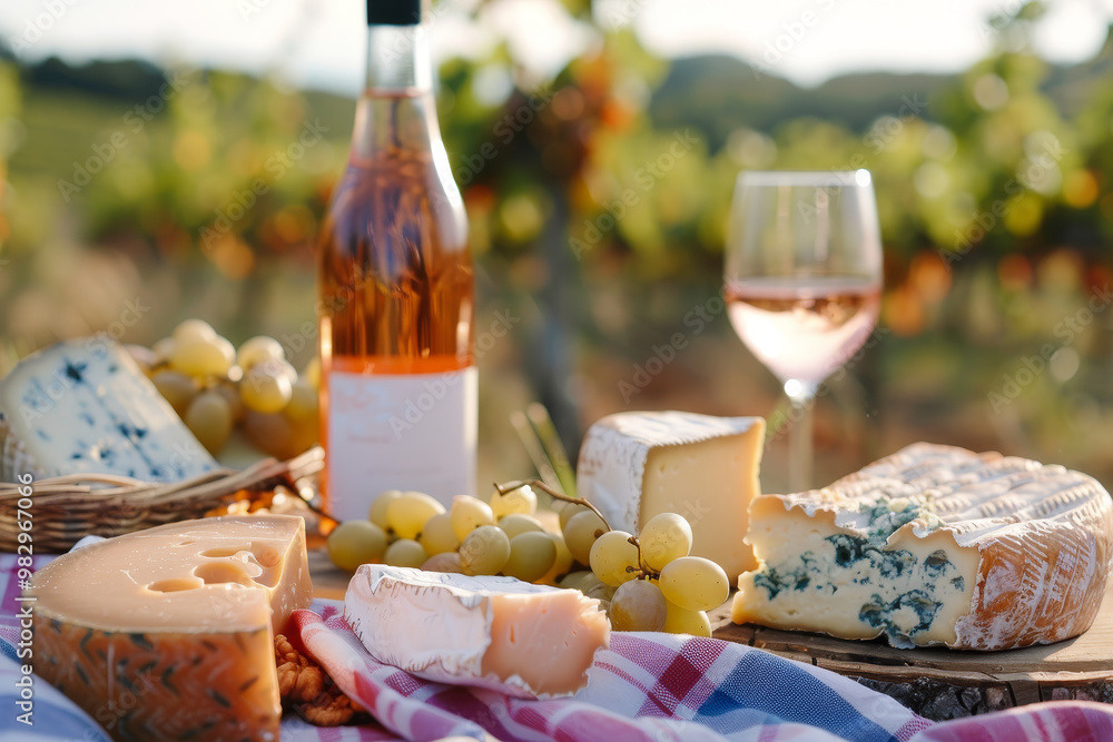 A table with a bottle of wine, a glass of wine, and a variety of cheeses A table with a bottle of wine, a glass of wine, and a variety of cheeses