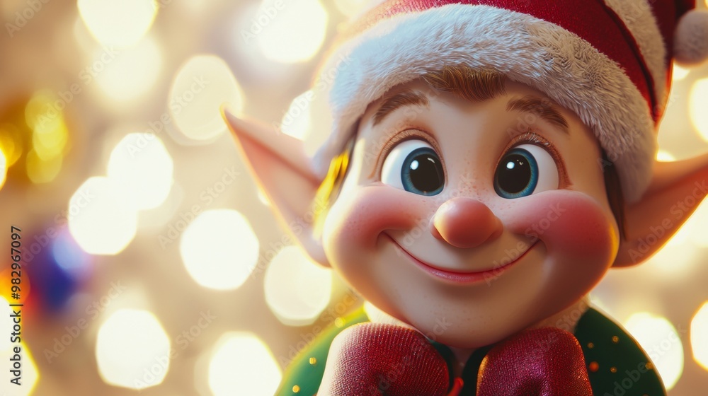 Cheerful christmas elf smiles warmly in front of twinkling lights, embodying holiday joy and charm. Close-up portrait captures childhood wonder and love. Perfect for spreading holiday cheer Cheerful christmas elf smiles warmly in front of twinkling lights, embodying holiday joy and charm. Close-up portrait captures childhood wonder and love. Perfect for spreading holiday cheer