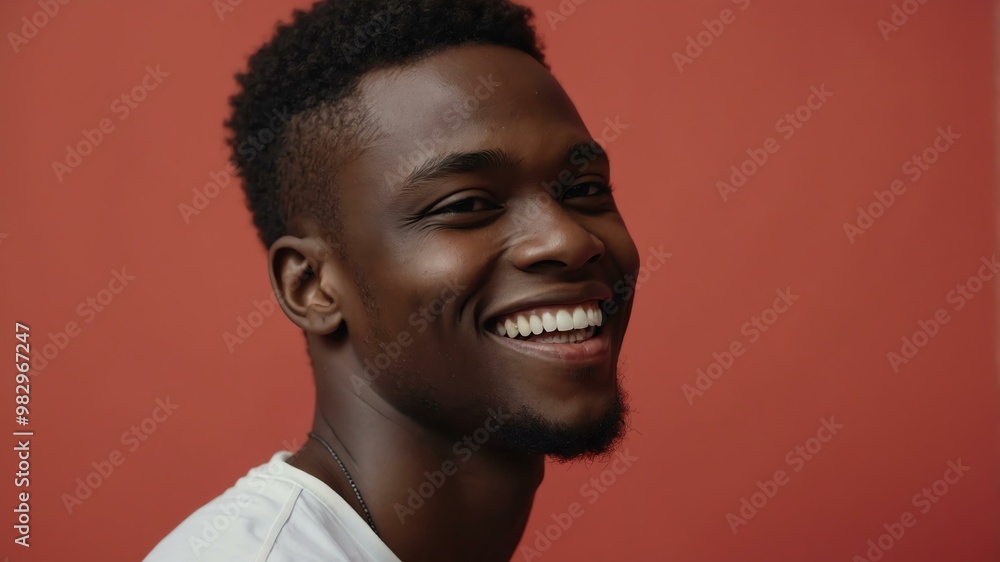 Obraz premium teenage african man on pastel red background model close-up smiling with beautiful teeth for ad concept space for text