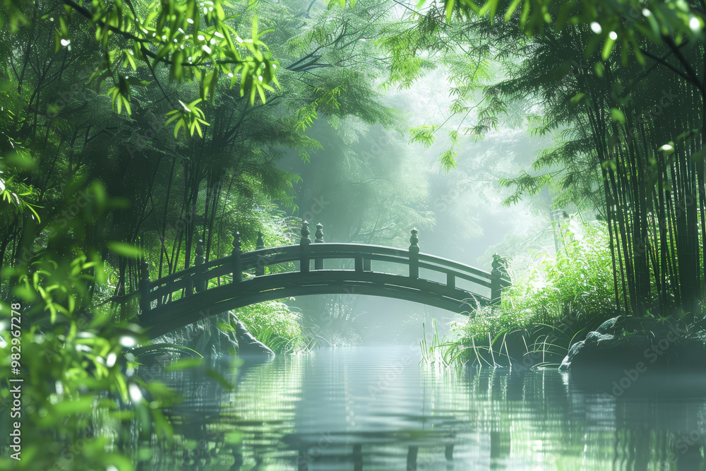 A bridge spans a river in a lush green forest A bridge spans a river in a lush green forest