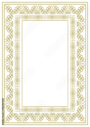 Golden vintage frame of A4 format with complex multi-layered ornament and additional decorative elements. Vector illustration