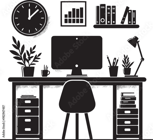 Computer and study desk room silhouette vector illustration isolated on a white background