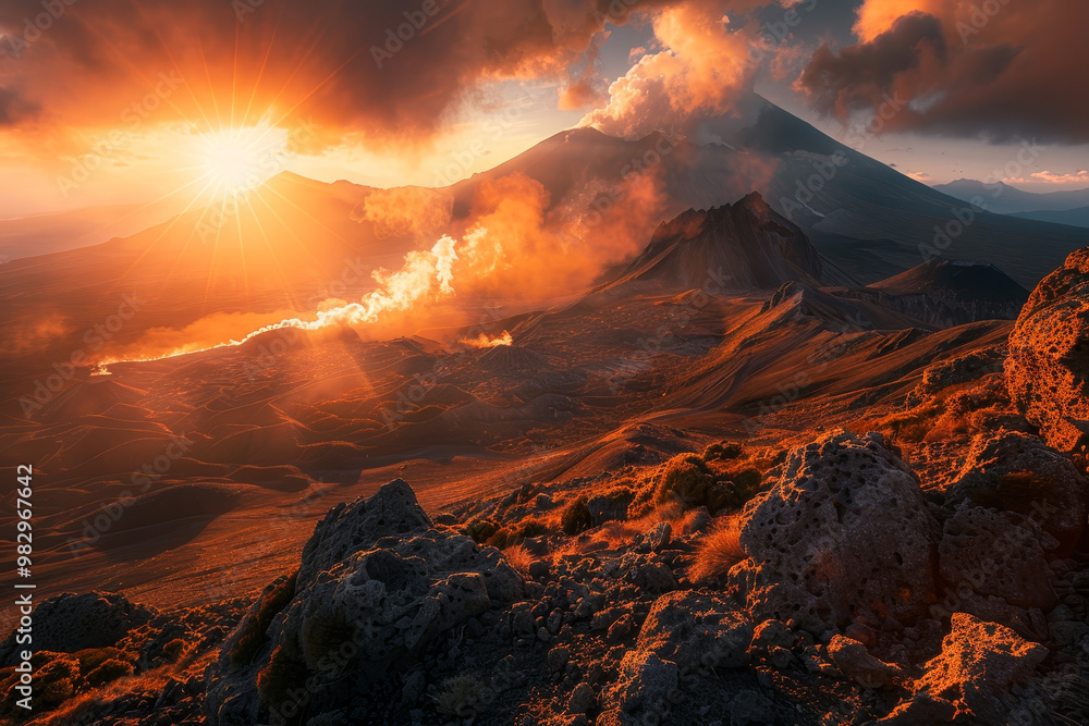 Fototapeta premium A mountain range with a volcano in the background