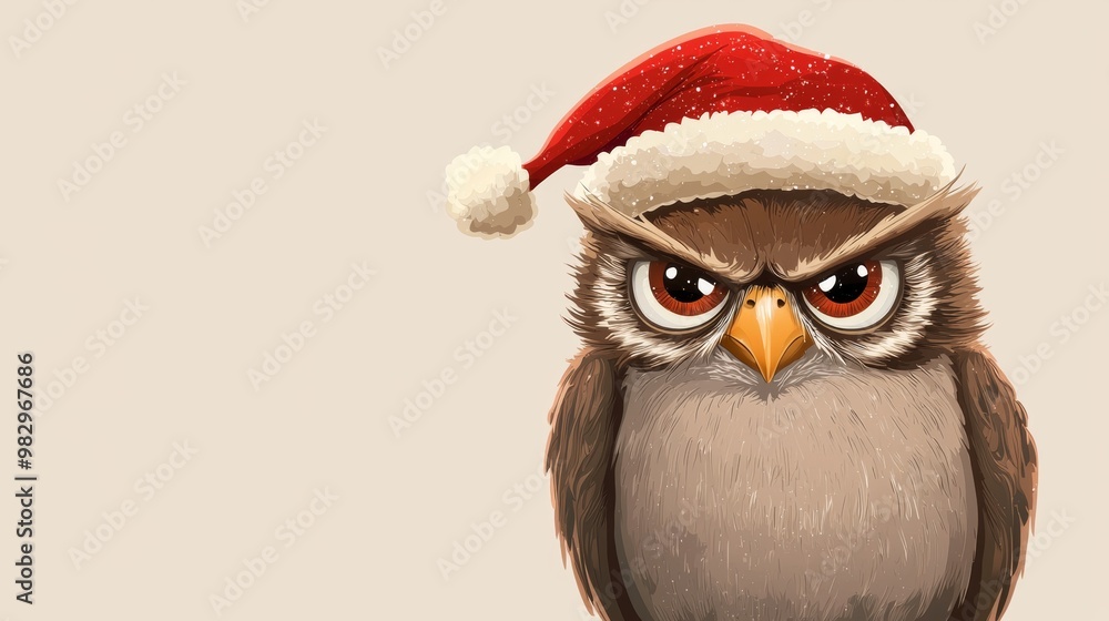 This illustration features a grumpy owl wearing a santa hat, conveying a sense of holiday-related frustration or disapproval This illustration features a grumpy owl wearing a santa hat, conveying a sense of holiday-related frustration or disapproval