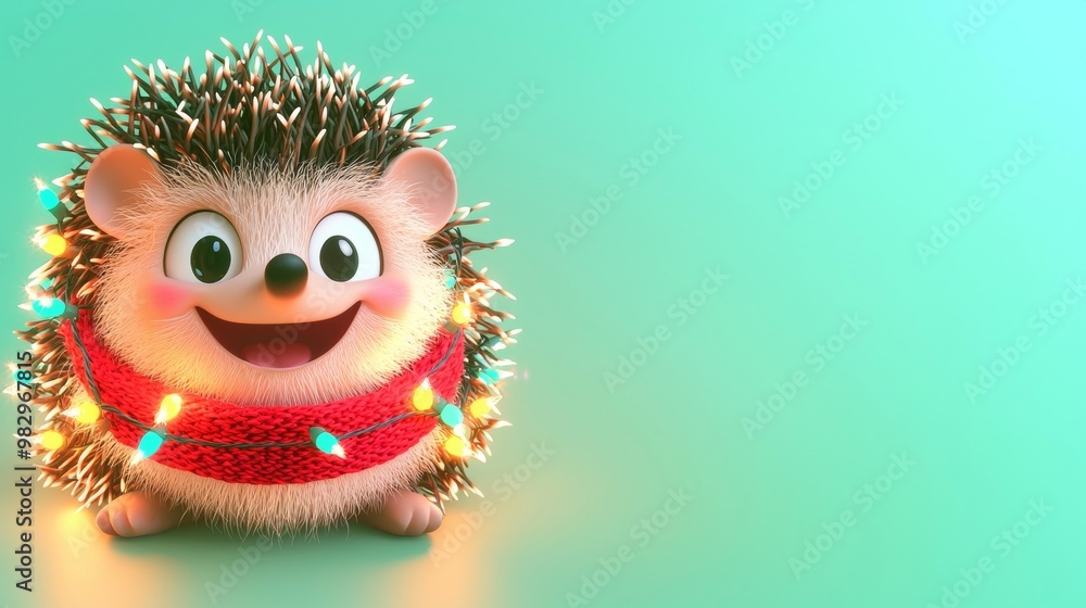 Cute cartoon hedgehog is wearing a red scarf and christmas lights wrapped around its body and smiling on a solid color background Cute cartoon hedgehog is wearing a red scarf and christmas lights wrapped around its body and smiling on a solid color background