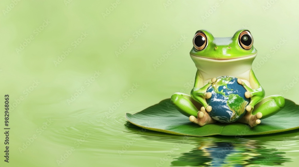 Obraz premium Green tree frog is sitting on a leaf in water, hugging a small earth globe. This image evokes environmental conservation and the importance of protecting our planet