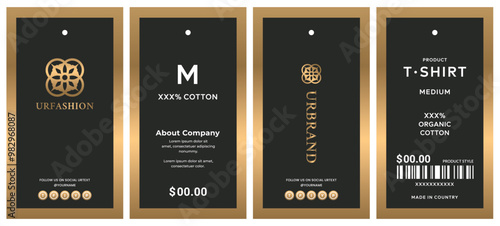 Hang tag label with a clean design for garments, apparel, and fashion packaging on a gold and black background, price tag.