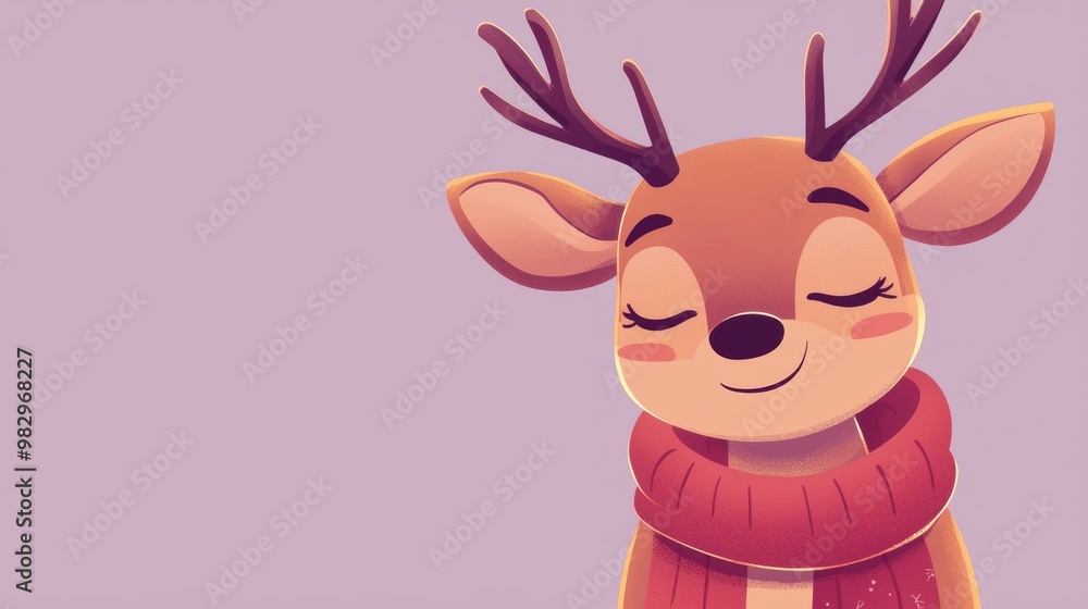 Obraz premium Adorable cartoon reindeer ready for christmas, wrapped in warm scarf, exuding coziness and warmth. Perfect for holiday cards and designs, adding fun to winter projects
