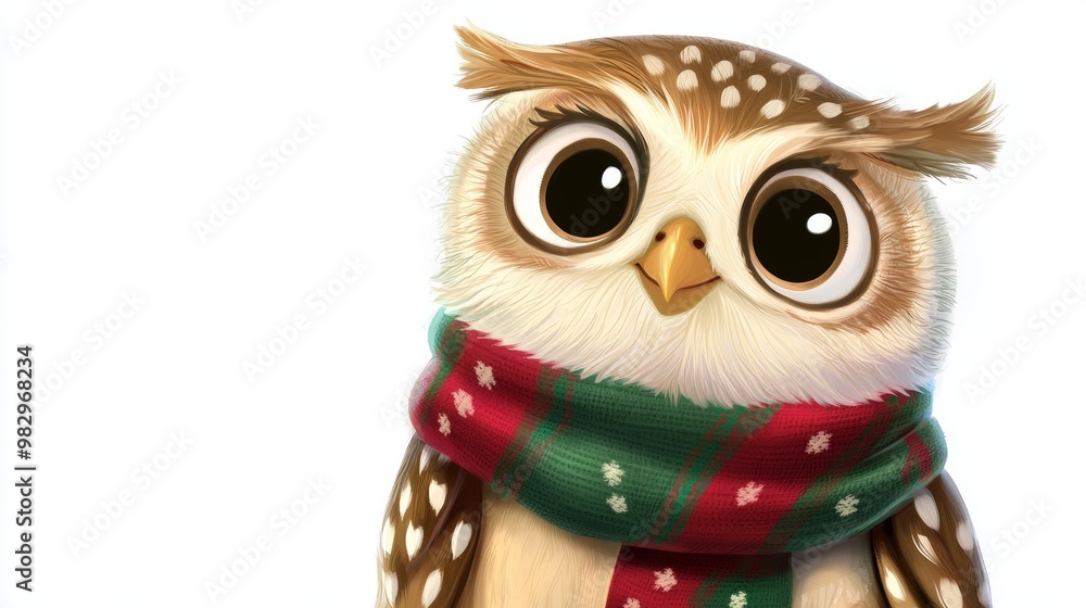 Cute cartoon owl in a festive scarf, with big eyes and fluffy feathers, perfect for winter or holiday designs. Stand out for greeting cards or digital art Cute cartoon owl in a festive scarf, with big eyes and fluffy feathers, perfect for winter or holiday designs. Stand out for greeting cards or digital art