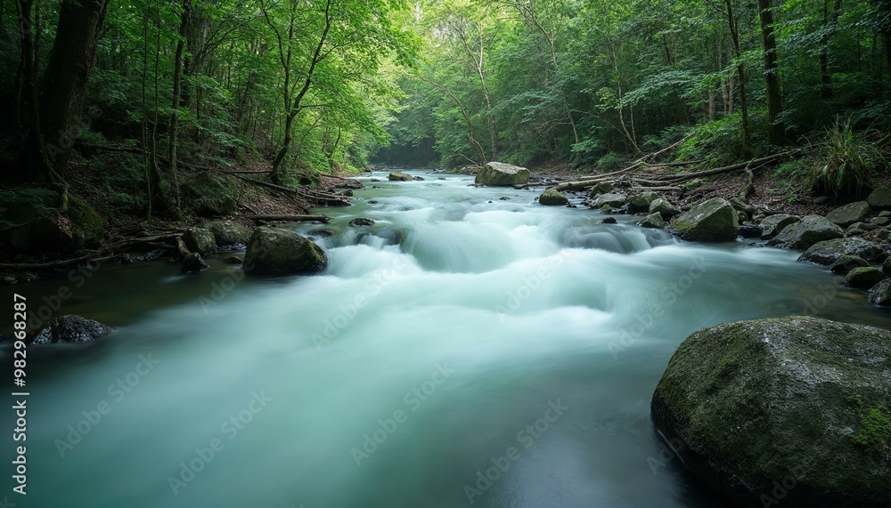 Rushing River Flowing Through Lush Green Forest: Serene Nature and Tranquility Rushing River Flowing Through Lush Green Forest: Serene Nature and Tranquility