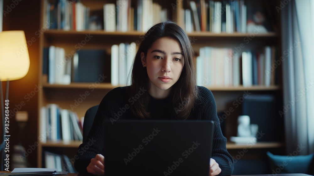 Young woman works diligently on her laptop at home, surrounded by bookshelves, showcasing the seamless connection technology offers in remote work and online learning Young woman works diligently on her laptop at home, surrounded by bookshelves, showcasing the seamless connection technology offers in remote work and online learning