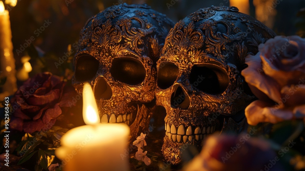 Realistic 3D Skulls with Candlelight and Flowers: High-Resolution Textures & Lighting Effects Realistic 3D Skulls with Candlelight and Flowers: High-Resolution Textures & Lighting Effects