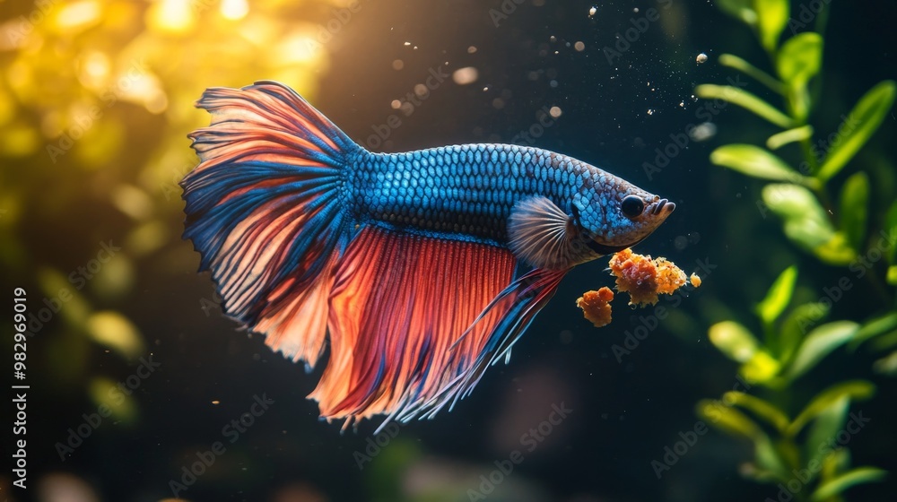 A colorful Betta fish swims in its tank, munching on food against a dark background. A colorful Betta fish swims in its tank, munching on food against a dark background.