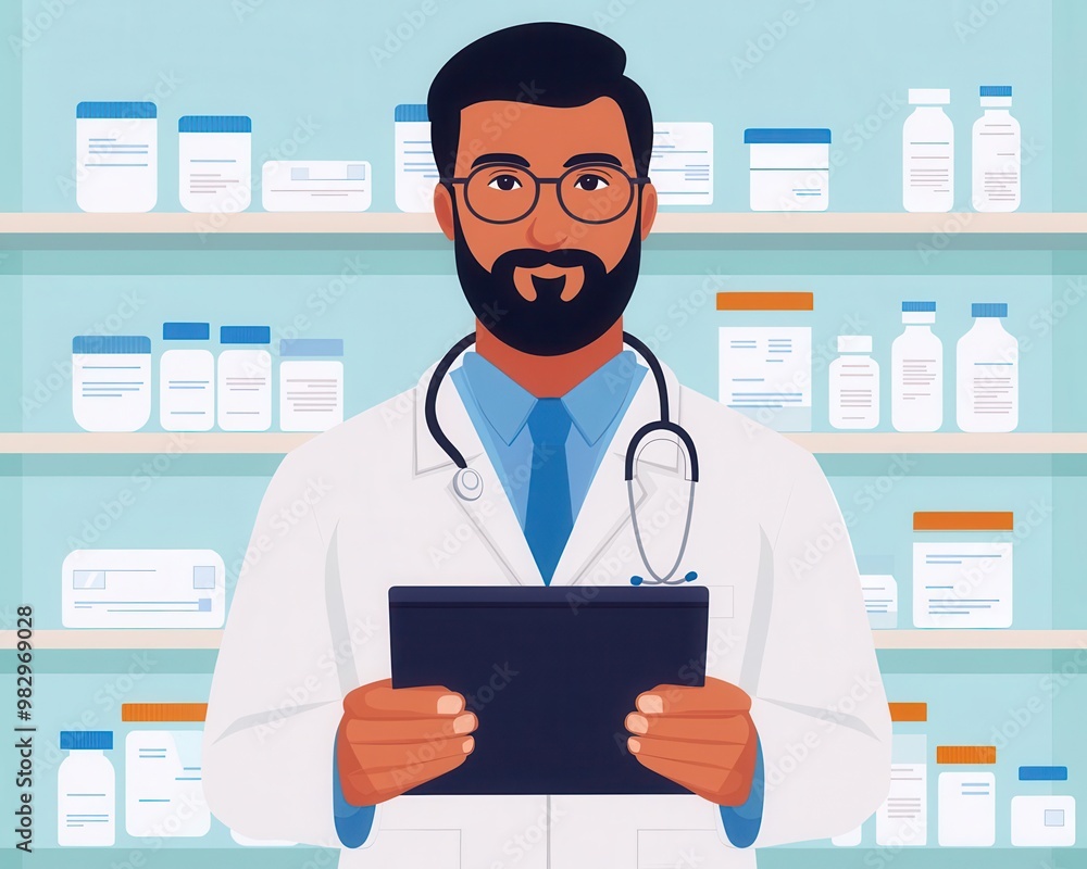 Pharmacist with digital tablet reviewing prescriptions, clinical space, flat design illustration