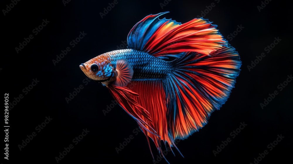 Fototapeta premium A colorful Betta fish swims in its tank, munching on food against a dark background.