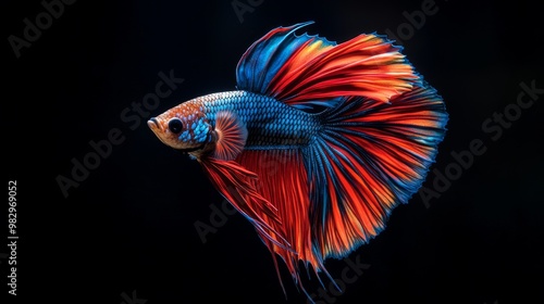 A colorful Betta fish swims in its tank, munching on food against a dark background.