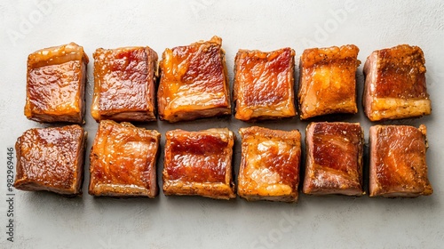 Crispy roast pork belly with crackling, arranged neatly on a light gray background