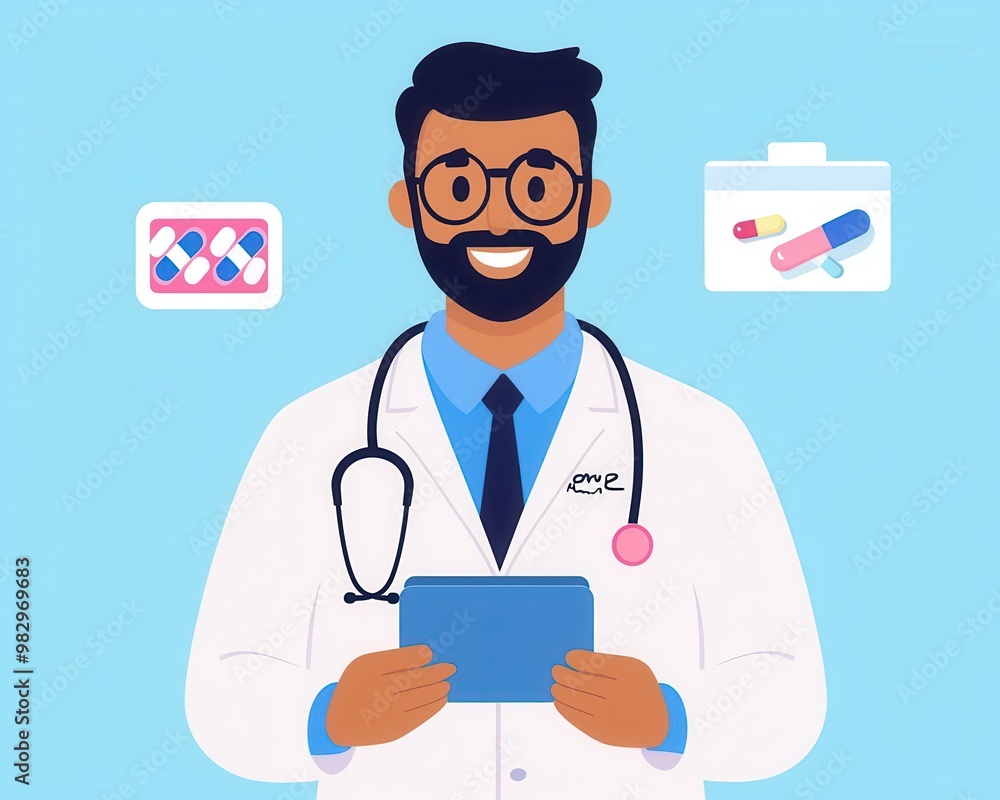 Pharmacist in clinical lab coat holding tablet, medication background, flat design illustration Pharmacist in clinical lab coat holding tablet, medication background, flat design illustration