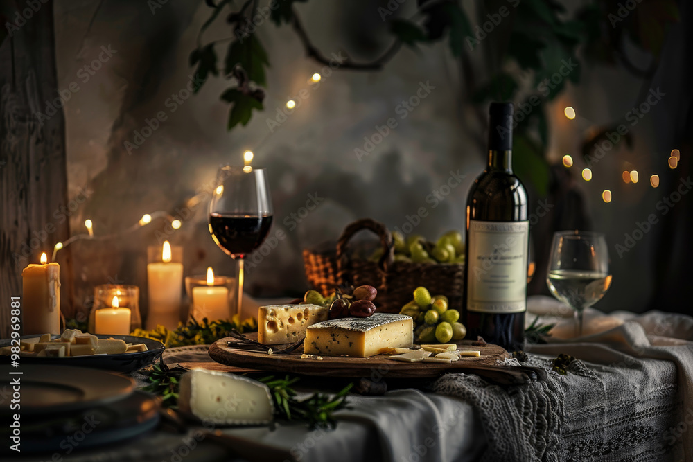 A table with a bottle of wine, a cheese plate, and a basket of grapes A table with a bottle of wine, a cheese plate, and a basket of grapes