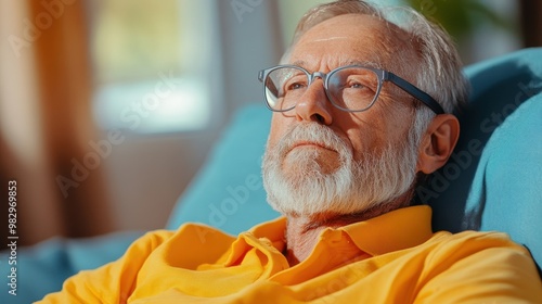 Thoughtful senior man relaxing on a comfortable chair photo