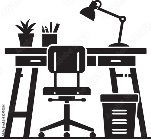Computer and study desk room silhouette vector illustration isolated on a white background