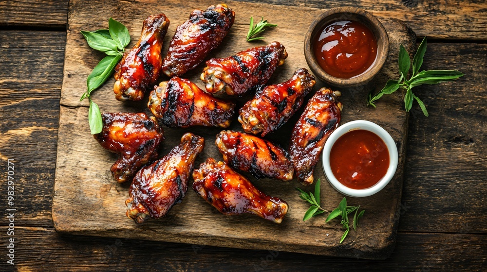 Grilled BBQ chicken wings, coated with sticky sauce, isolated on a rustic wooden background Grilled BBQ chicken wings, coated with sticky sauce, isolated on a rustic wooden background
