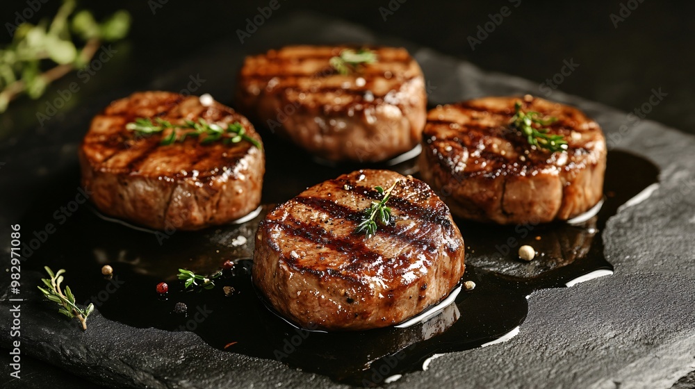 Grilled veal medallions, perfectly cooked, isolated on a reflective stone surface Grilled veal medallions, perfectly cooked, isolated on a reflective stone surface