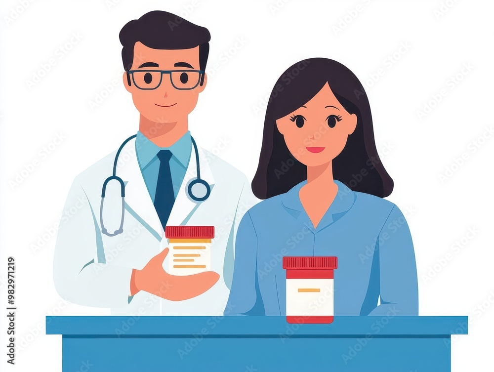 Pharmacist explaining medication instructions, isolated, clinical context, flat design illustration Pharmacist explaining medication instructions, isolated, clinical context, flat design illustration
