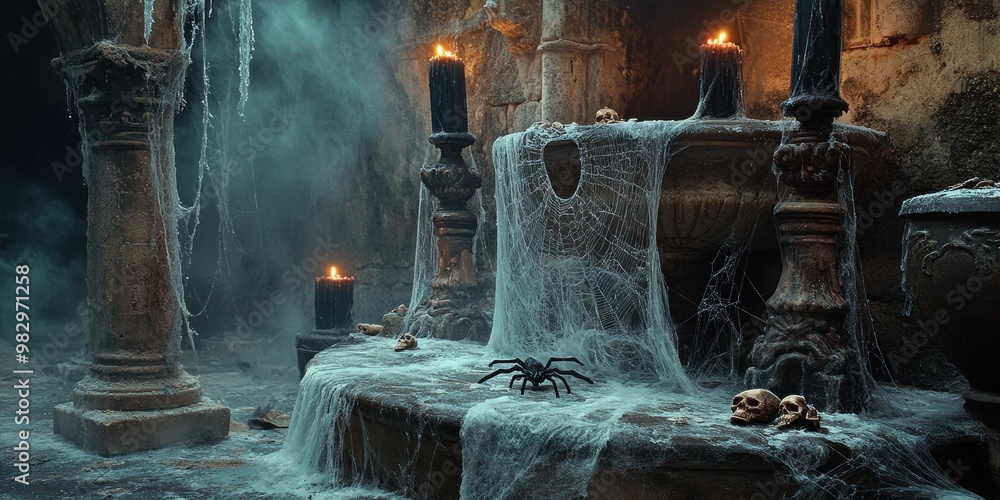A dark, eerie environment filled with cobwebs, candles, and skulls creates a spooky atmosphere A dark, eerie environment filled with cobwebs, candles, and skulls creates a spooky atmosphere