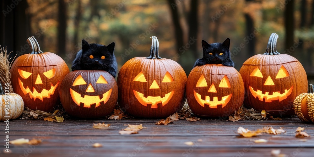 Fototapeta premium Carved pumpkins glow warmly while black cats lounge peacefully on a porch in autumn