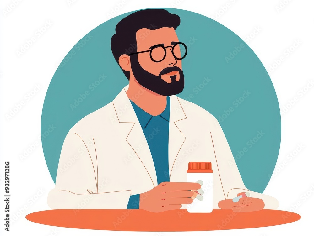 © Creator88 - Pharmacist reviewing pill containers, isolated in a clinical background, flat design illustration