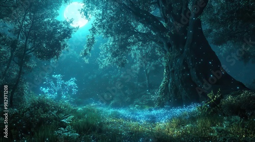Wallpaper Mural enchanted nighttime forest scene bioluminescent flora mystical fog moonlight filtering through ancient trees magical creatures hiding in shadows Torontodigital.ca