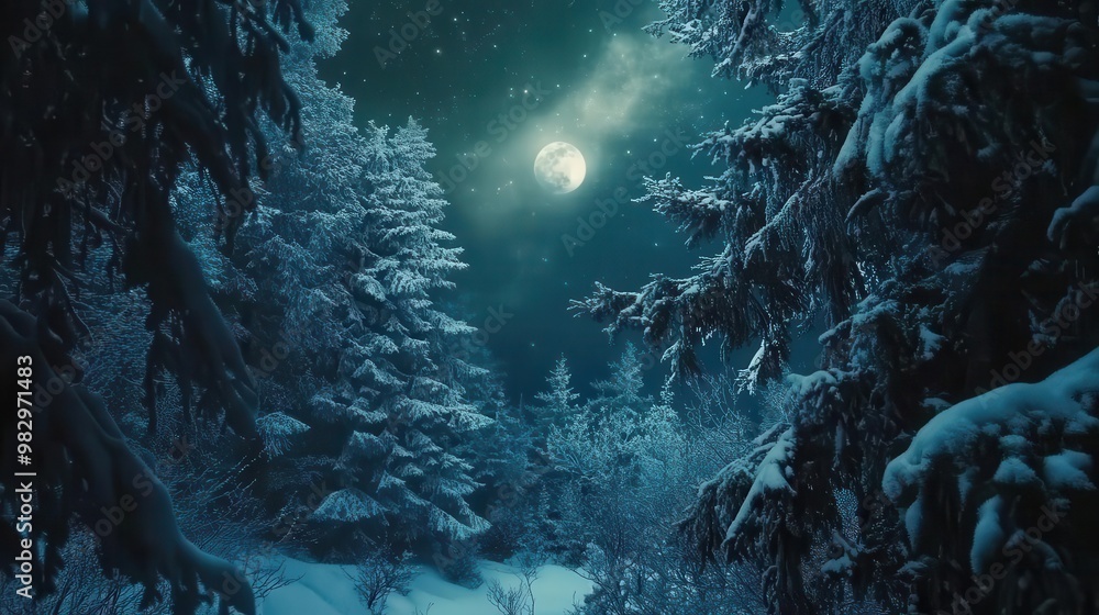 enchanted winter forest bathed in soft moonlight snowladen fir branches frame serene nighttime landscape magical atmosphere with subtle northern lights enchanted winter forest bathed in soft moonlight snowladen fir branches frame serene nighttime landscape magical atmosphere with subtle northern lights