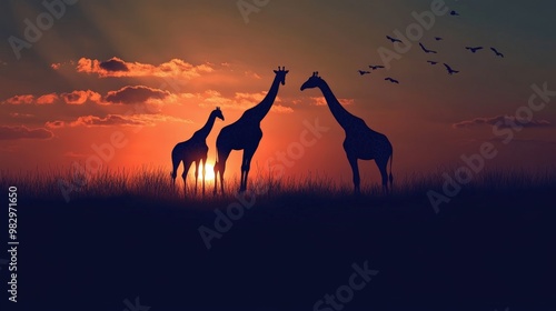 A group of giraffes standing in a field at sunset