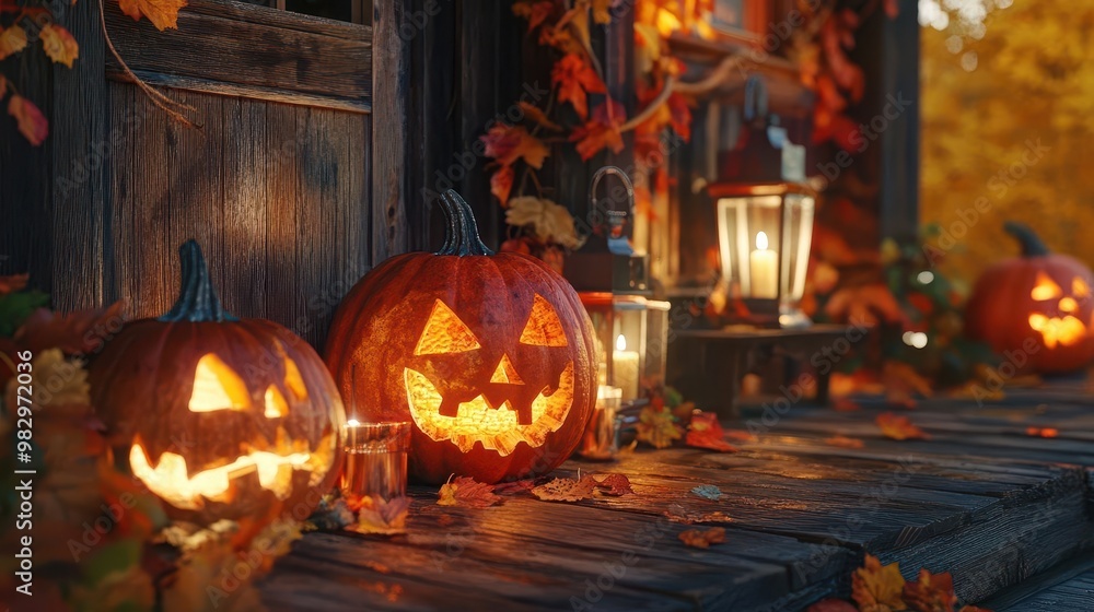 Obraz premium enchanting halloween scene on a rustic wooden porch intricately carved pumpkins glow with warm candlelight surrounded by a tapestry of vibrant autumn leaves and antique lanterns