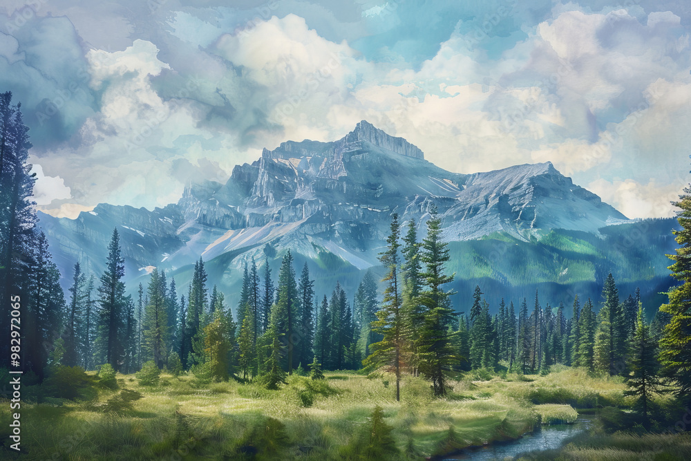 A painting of a mountain range with a river running through it A painting of a mountain range with a river running through it