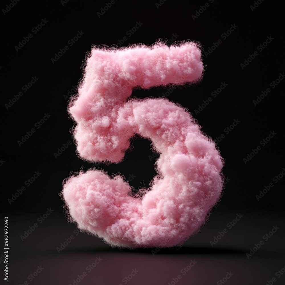 3D number 5 with pink fluffy cloud texture realistic modern design, soft lighting, black background. 3D number 5 with pink fluffy cloud texture realistic modern design, soft lighting, black background.