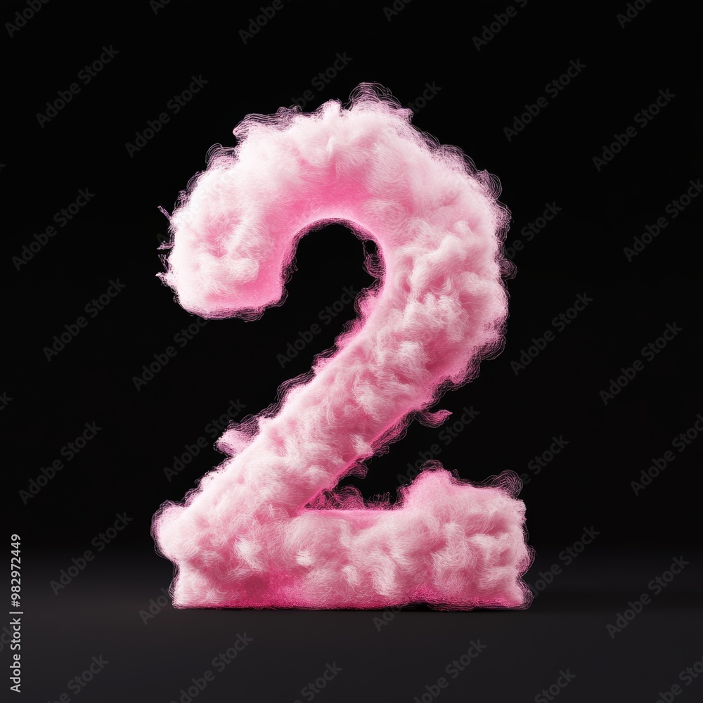 3D number 2 with pink fluffy cloud texture realistic modern design, soft lighting, black background. 3D number 2 with pink fluffy cloud texture realistic modern design, soft lighting, black background.