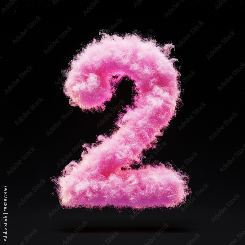 3D number 2 with pink fluffy cloud texture realistic modern design, soft lighting, black background. 3D number 2 with pink fluffy cloud texture realistic modern design, soft lighting, black background.