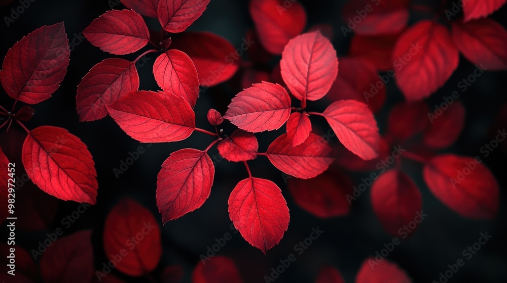 Close-up of vibrant red leaves on a dark background. Close-up of vibrant red leaves on a dark background.