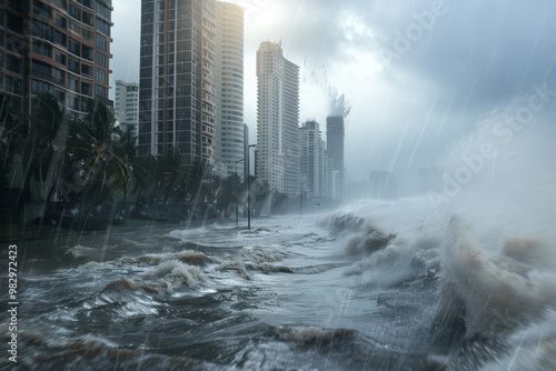 A city is flooded with water and the sky is cloudy