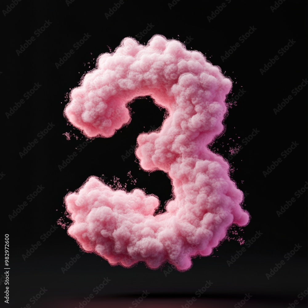 3D number 3 with pink fluffy cloud texture realistic modern design, soft lighting, black background. 3D number 3 with pink fluffy cloud texture realistic modern design, soft lighting, black background.