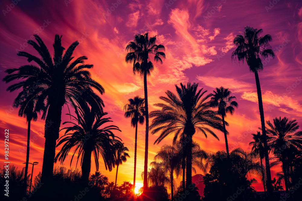 A sunset over a palm tree forest with the sun setting behind the trees A sunset over a palm tree forest with the sun setting behind the trees