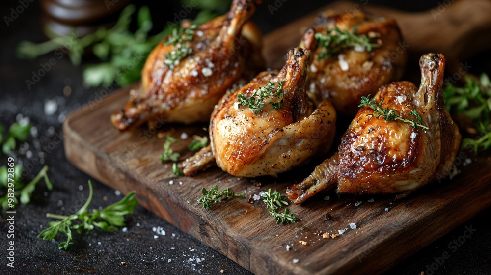 Oven-roasted quail, crispy skin, isolated on a rustic wooden chopping board Oven-roasted quail, crispy skin, isolated on a rustic wooden chopping board